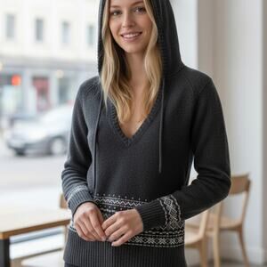 Sonoma Life + Style Knit Hoodie Med Petite Pullover Gray - White Holiday Pattern